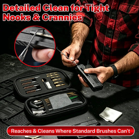 Man using 80 Piece Gun Cleaning Kit For Handguns Rifles Calibers .22 .357 .38 9mm .40 .45 with tools and case