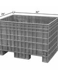 Dang Tough Heavy Duty Plastic Bulk Storage Tote, 42X29X28 Inch featuring a gray stackable design with dimensions.