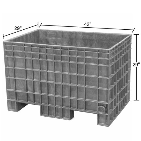 Dang Tough Heavy Duty Plastic Bulk Storage Tote, 42X29X28 Inch featuring a gray stackable design with dimensions.