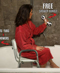 Adjustable Shower Chair With Back And Arms Free Suction Grab Bar Anti Slip Bathtub Seat For Inside Shower Ultimate Bath Safety And Comfort For Elderly And Disabled, woman seated holding handle