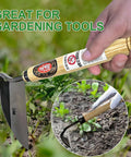 Close-up of Versatile Hand Weeding Tool With T And L Shaped Blades 13x33cm for garden use, wood handle, composite steel blades.