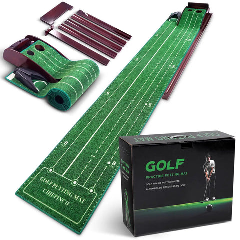 Indoor Golf Putting Mat With Three Track Putting Green And Automatic Ball Return, Pro Grade Home Office Practice Kit shown