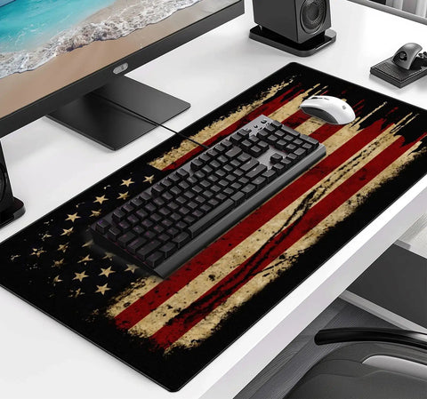 Large Extended Gaming Mouse Pad With Stitched Edges And Non Slip Waterproof Rubber Base For Office Computer Keyboard Laptop And Home Desk 35.4 X 15.7 X 0.12 Inch In Bold American Antique Flag Design on desk with keyboard and mouse