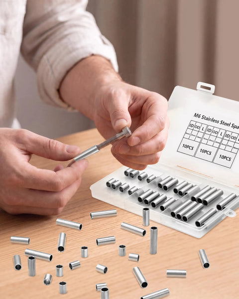 Stainless Steel Spacer Bushing Kit For M6 Unthreaded Spacers Three Popular Sizes In One Handy Must Have Set 6x8x10mm 6x8x20mm 6x8x30mm With Organized Storage Box Ideal For Wheel And Suspension Spacing Projects., hands sorting M6 stainless steel spacer bushing in storage box
