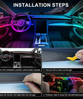 Installation steps for Acrylic Interior Car LED Strip Lights Kit RGB 6 In 1 With Wireless App Control in a car interior.