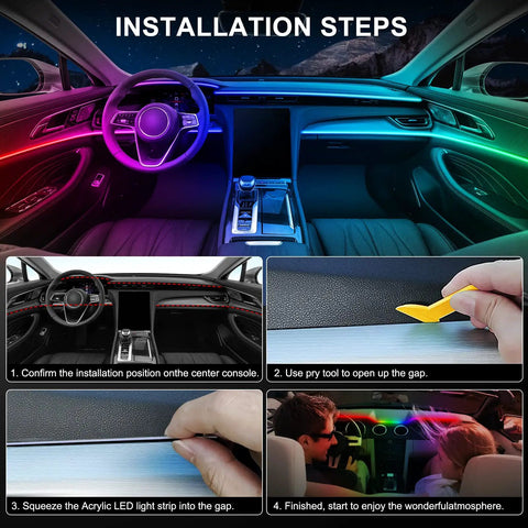 Installation steps for Acrylic Interior Car LED Strip Lights Kit RGB 6 In 1 With Wireless App Control in a car interior.
