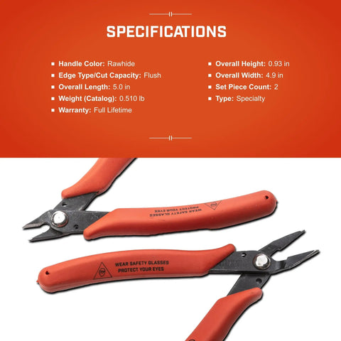 Mini Shear Cutter Pliers Set For Electrician Use Up To 20 Gauge AWG Soft Wires 0.8 mm with orange rubber grip and carbon steel construction.