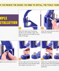 Heavy Duty Hand Press Eyelet Grommet Machine Kit With Dies guide installation steps illustrated with numbered images