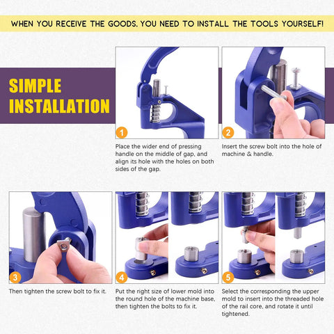 Heavy Duty Hand Press Eyelet Grommet Machine Kit With Dies guide installation steps illustrated with numbered images