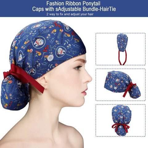 Profile view of 8 Pack Women's Scrub Caps With Buttons In Eight Different Patterns Adjustable Bouffant Surgical Hat With Ponytail Holder