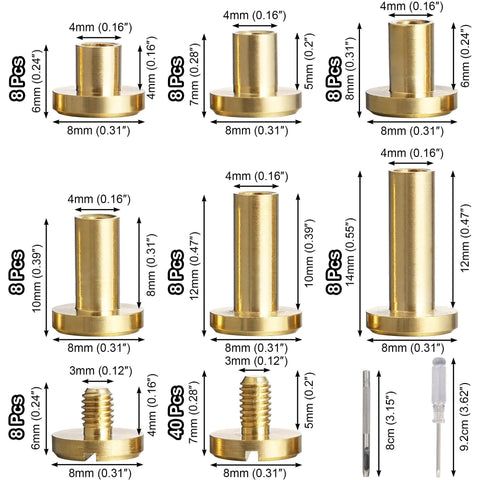 Hella Tough Solid Brass Chicago Screws And Leather Rivet Studs Kit Featuring Slick Plated Finish And 8mm Heads showing 8pcs sizes and dimensions.