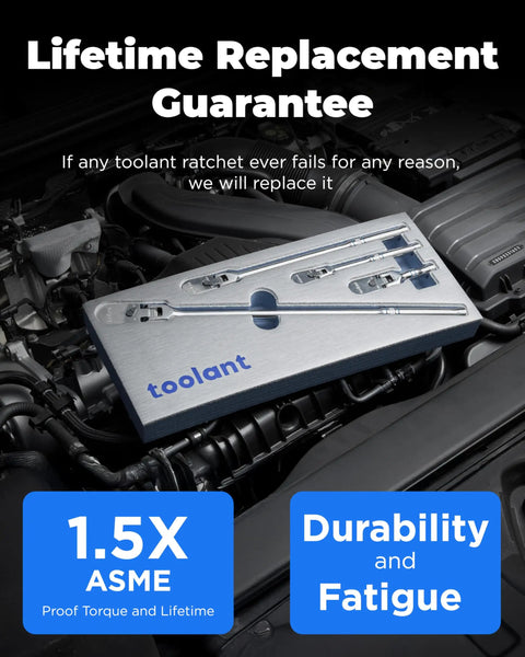 Flexible Head Ratchet Set With One Quarter Inch, Three Eighths Inch, And One Half Inch Drives, Ninety Tooth Gear, 180 Degree Flex, Eleven Positions, Longer Handle, Durable ASME Rated Gear Wrenches For Tight Spaces displayed on engine panel with lifetime replacement guarantee.