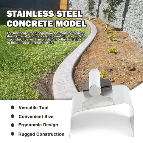 Curb Edger Trowel for Concrete Edging, Ergonomic Slant Design with Sharp Edges, Stainless Steel Tool Displayed on Lawn