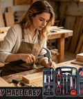 Woman using hammer from All-In-One 140-Piece Home Tool Set for DIY and home repairs with organized storage case shown