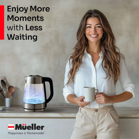 Woman in kitchen with Rapid Boil Electric Tea Kettle 1.8L With Borosilicate Glass And Stainless Steel BPA Free LED Indicator
