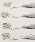 Graph Gear 500 Automatic Drafting Pencil 0.9mm with gray barrel and metallic mesh grip showing line thickness comparison