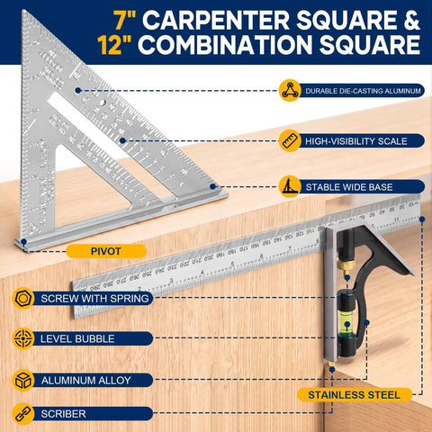 7 inch carpenter square and 12 inch combination square, aluminum alloy and stainless steel, precision layout tool for carpentry.
