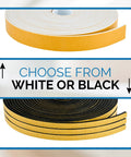 High Density Foam Weather Stripping And Self Adhesive Door Seal Roll Tough As Nails Draft Blocking Insulation Tape For Windows Doors And AC Durable Beefy Gasket Strip Keeps Chills Out Easy Peel Stick White One Inch Wide options shown in rolls of white and black colors.