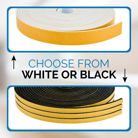 High Density Foam Weather Stripping And Self Adhesive Door Seal Roll Tough As Nails Draft Blocking Insulation Tape For Windows Doors And AC Durable Beefy Gasket Strip Keeps Chills Out Easy Peel Stick White One Inch Wide options shown in rolls of white and black colors.