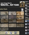 Visual guide showcasing Buckwild Aging Wood Stain Drops colors and application steps for vintage wood charm.