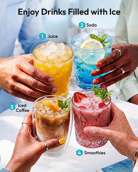 Quick Freeze Countertop Nugget Ice Maker Delivers 44 Pounds Of Soft Sonic Pellet Ice Daily With No Hassle Auto Wash And Smooth Chilling Performance For Everyday Households And Office Crews, drinks filled with ice.