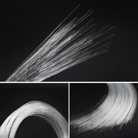 Next Level PMMA End Glow Fiber Optic Cable 100 Pack 0.02 Inch By 3 Meters Premium transparent strands displayed against a black background.