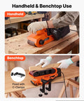 Workhorse Grade 3 By 21 Belt Sander With 7 Amp Motor And Six Variable Speeds in use for handheld and benchtop sanding.