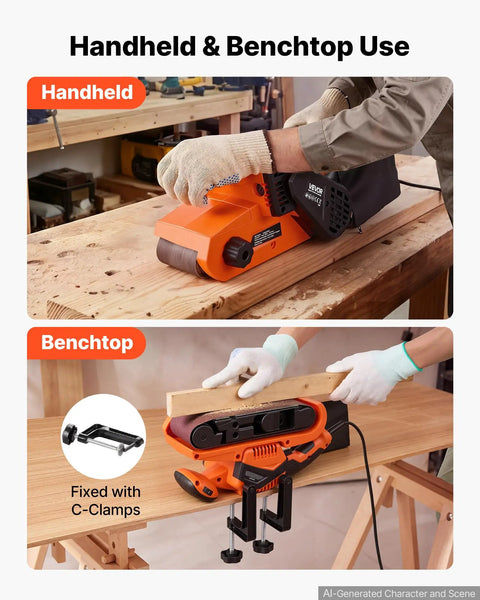 Workhorse Grade 3 By 21 Belt Sander With 7 Amp Motor And Six Variable Speeds in use for handheld and benchtop sanding.