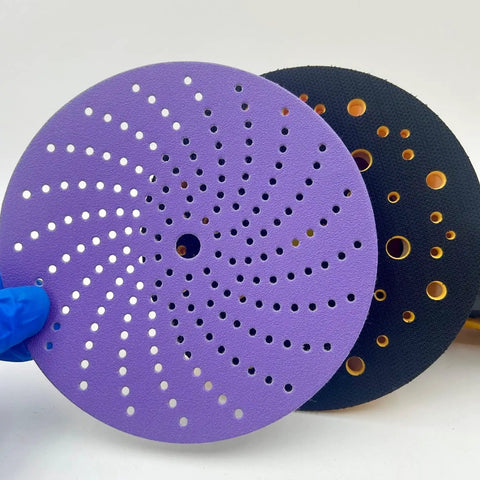 Kick-Ass 6 Inch Ceramic Sanding Discs With Fast Cutting Power And Dust Free Design For Woodworking Projects and Car Polishing, purple and black discs.