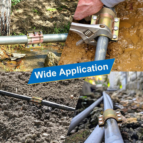 Water Pipe Repair Clamp Kit For 60mm OD Pipes, 4.72 Inch Length, showing various applications in outdoor settings.