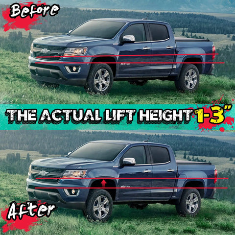 Before and after of a truck with 1-3 Inch Adjustable Torsion Lift Kit, showcasing improved height and stance.