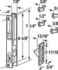 Diagram of Diecast Non Keyed Patio Sliding Door Handle Set For 1 In To 1-1/8 In Thick Glass Doors White Replacement Flush Mount Hook Style Handle For Mortise Cut Outs Measuring 7-7/64 In Tall And 3/4 In Wide showing dimensions and hook sizes.