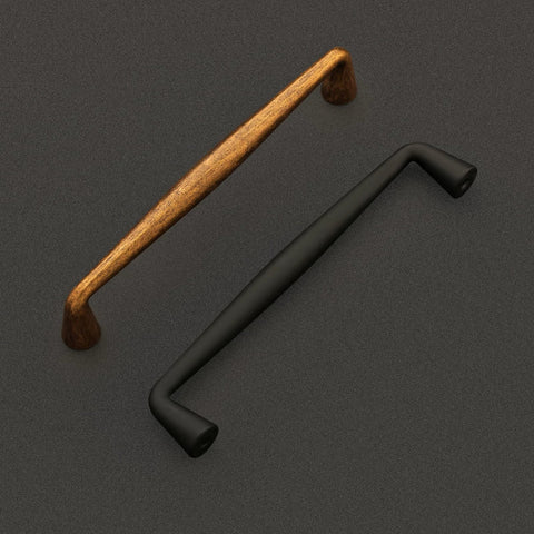 Matte black and wood cabinet handles, 10 Pack Matte Black Cabinet Handles With 5 Inch Hole Center Solid Zinc Alloy Drawer Pulls, top view.