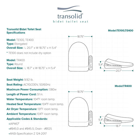 Diagram of Transolid electronic low profile bidet seat with hands free auto flush showing specifications for elongated models TE100, TE400.