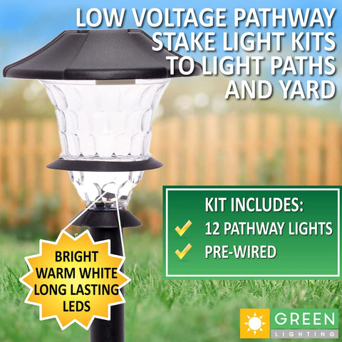 Low Voltage Landscape Lights Kit 12 Pack With LED, Waterproof Metal Black Finish, bright white LED stake light in garden