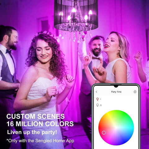 People dancing under purple light from Zigbee Smart Candelabra Bulbs 6 Pack Hub Required Dimmable Multicolor E12 LED Candle Light Bulbs.
