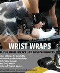 Person wearing wrist wraps and holding dumbbells, product is wrist wraps with reinforced thumb loops and heavy-duty Velcro.