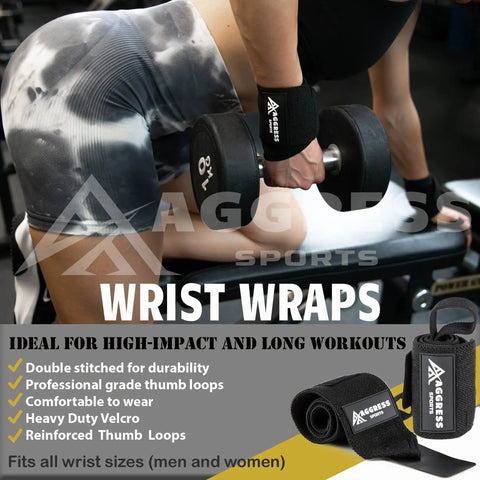 Person wearing wrist wraps and holding dumbbells, product is wrist wraps with reinforced thumb loops and heavy-duty Velcro.