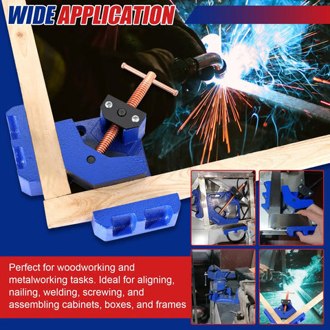 Cast Iron Welding Angle Clamp with 90 Degree Right Angle Design in use with wood and metal, highlighting wide application
