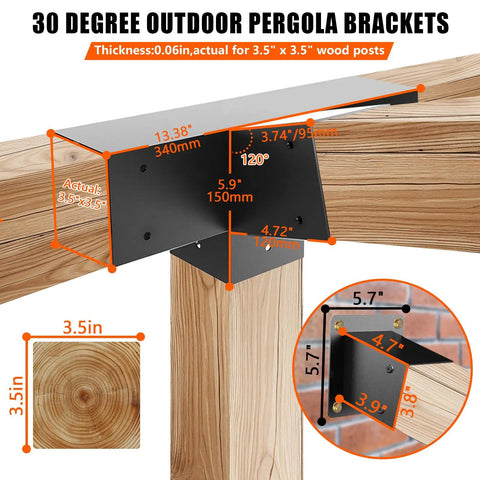 30 Degree Slanted Roof Pergola Bracket Kit 4 Way Angled Corner Bracket With Wall Mount Post Base For 4x4 Lumber Rugged Pro Grade Build Black Powder Coated For Pergolas Gazebos Porches 2 Pack