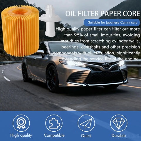 Toyota Camry 2010-2017 6 Pack Engine Oil Filter Kit, filter design, car compatibility, and quality features displayed