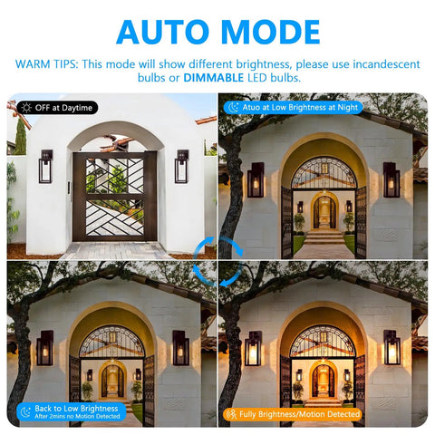 Outdoor Wall Lantern With Motion Sensor For Dusk To Dawn Auto Brightness Waterproof Anti Rust Sconce With Seeded Glass Wall Mount Porch Light showing different brightness modes