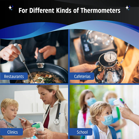 HandyClean thermometer cleaning wipes collage showing use in restaurants, cafeterias, clinics, and schools.