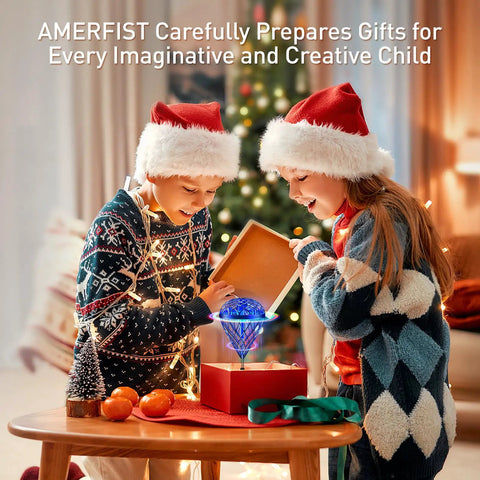 Two children opening colorful gift box containing Latest Dope Flying Toy With AI Motion Control And Contact Sensing Bounce Flip Flight Modes