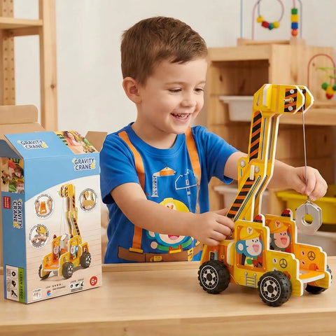 Child playing with Gravity Crane Science Kit For Kids Kid Friendly Build A Pulley And Lever Model Learn Potential And Kinetic Energy Transfer