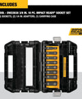 Open view of Impact Socket Set Three Eighths Inch Drive SAE Ten Piece With Adapters And Recessed Corner Sockets in high-impact case.