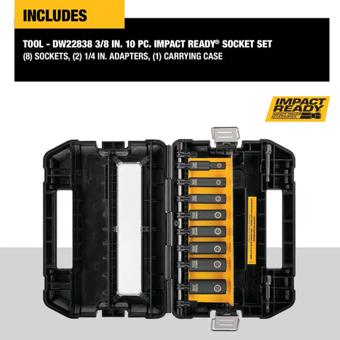 Open view of Impact Socket Set Three Eighths Inch Drive SAE Ten Piece With Adapters And Recessed Corner Sockets in high-impact case.
