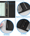 Premium Leather Checkbook Cover For Men And Women With RFID Blocking features slots, PVC divider, and pen holder