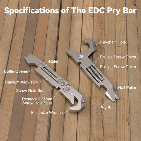 Titanium EDC Pry Bar Multitool All In One With Bottle Opener, Pocket Clip, Wrenches, Box Opener, Keychain Screwdriver For Outdoor Camping And Maintenance, Built Rugged For Everyday Carry And Quick One Hand Use