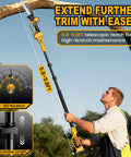 Man using 2 In 1 Cordless Pole Saw And Mini Chainsaw With 8 Inch Bar, Brushless Motor, 15.8 Ft Reach, telescoping tool on branch